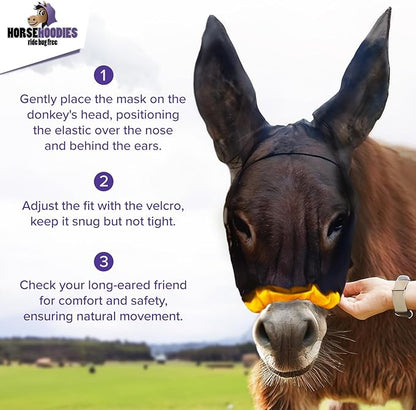 Donkey Fly Mask with Long Ears (Orange) Made in USA - Mule Fly Mask with Ears Protection from Insects and Bugs, Small Donkey Soft Mesh Fabric with Adjustable Fastener, Face Cover Supplies for Donkeys