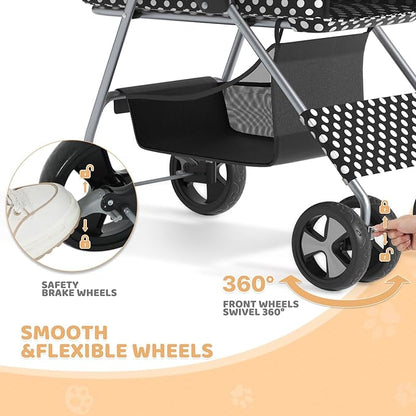 Magshion Foldable Pet Stroller, 3-in-1 Dog Travel Jogger with Detachable Carrier, Cup Holder, Storage Basket, Folding Carrier for Small/Medium Dogs &amp; Cats Up to 33 lbs, Black Polka Dots