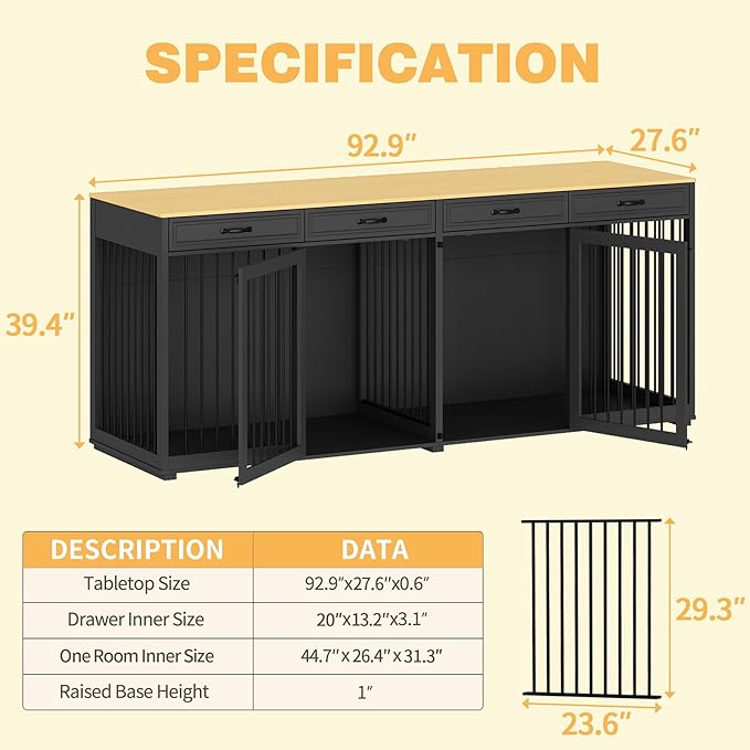 Extra Large Dog Crate with Double Rooms, 93" Heavy Duty Wooden Dog Cage Furniture Dog Crate Kennel w/Drawers &amp; Removable Divider,Indoor Luxury Dog House for Large Dogs,Black