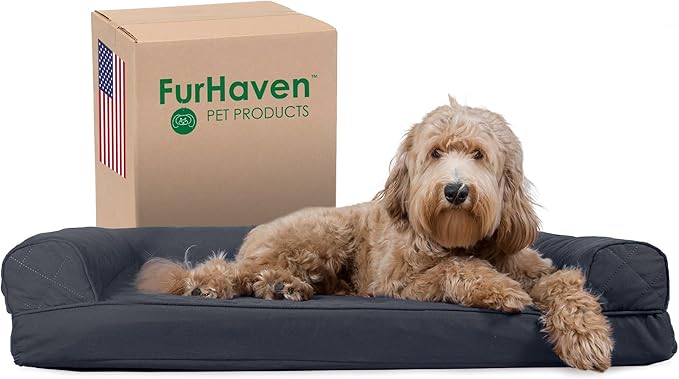 Furhaven Cooling Gel Dog Bed for Large/Medium Dogs w/ Removable Bolsters &amp; Washable Cover, For Dogs Up to 55 lbs - Quilted Sofa - Iron Gray, Large