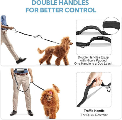 Hands Free Dog Leash, Adjustable Waist Belt with Double Padded Handles, Retractable Bungee for Medium &amp; Large Dogs, Waist Leash for Dog Walking, Running, No Pull, Black