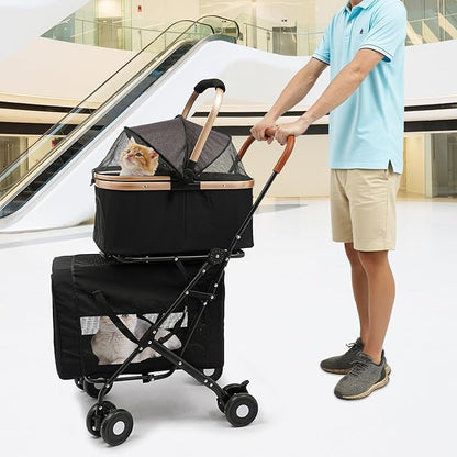 Double Pet Stroller with Detachable Carriers, Large Cat &amp; Dog Stroller with 4 Wheels, Foldable Pet Strollers Small &amp; Medium Dogs Cats 77lbs (Black)