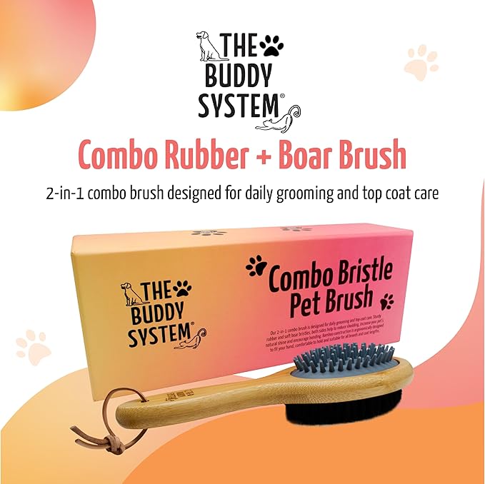 The Buddy System Combo Bristle Pet Brush, 2-in-1 Brush, Durable Rubber Side and Soft Boar Bristle Side - All Pets and Coat Lengths - Top Coat Massage for Cats &amp; Dogs - 1 Pack
