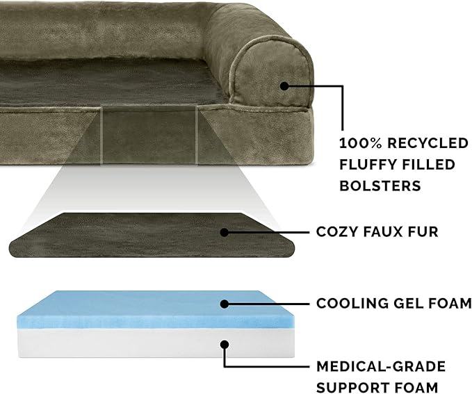 Furhaven Cooling Gel Dog Bed for Large/Medium Dogs w/ Removable Bolsters &amp; Washable Cover, For Dogs Up to 55 lbs - Faux Fur &amp; Velvet Sofa - Dark Sage, Large