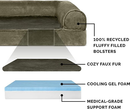 Furhaven Cooling Gel Dog Bed for Large Dogs w/ Removable Bolsters &amp; Washable Cover, For Dogs Up to 125 lbs - Faux Fur &amp; Velvet Sofa - Dark Sage, Jumbo Plus/XXL