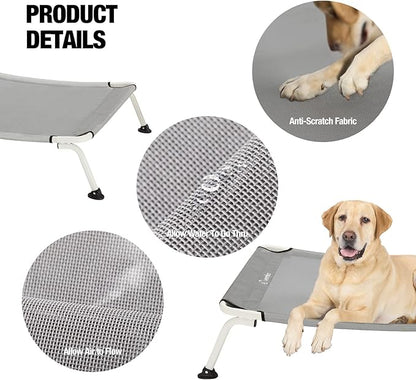 Veehoo Elevated Dog Bed for Outdoor, Cooling Waterproof Raised Dog Cots Beds for Medium Dogs, Curved Off Ground Pet Hammock Cot Lifted for Outside, up to 65lbs, White Legs, Grey 32"