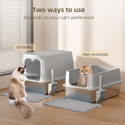 Stainless Steel Cat Litter Box with Lid, Extra Large, Great for Large &amp; Small Cats, Easy to Clean, Anti-Leakage, Non-Sticky, Multifunctional 2 in-1 Metal Cat Litter Box - Light Gray