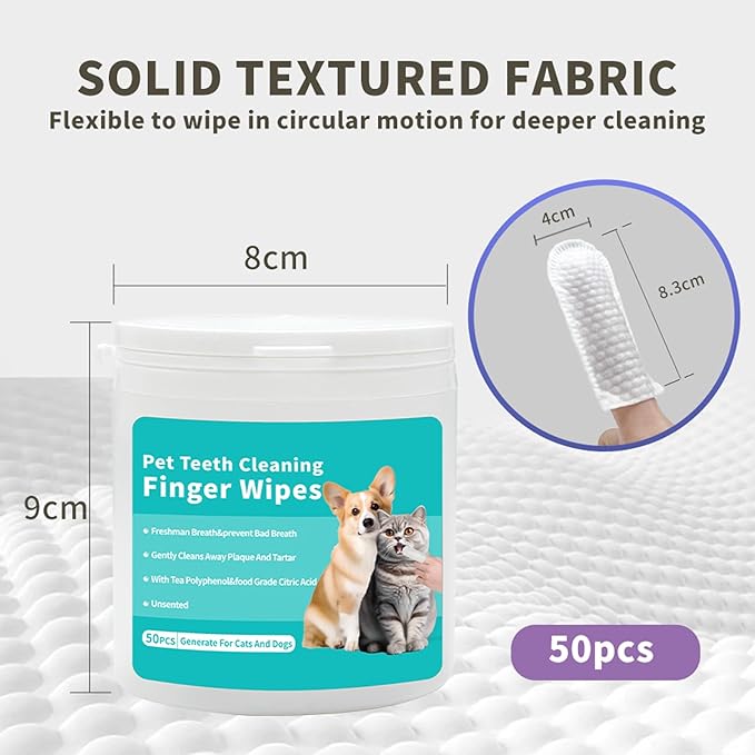YUHUF-Teeth Cleaning Finger Wipes for Dogs &amp; Cats, Pet Dental Care by Reducing Plaque and Tartar Remove Bad Breath, Disposable Gentle Gum Care Pet Wipes, 50 PCS