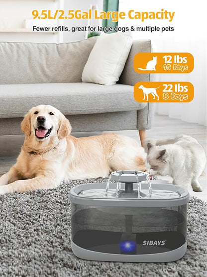 SIBAYS 2.5Gal/9.5L Dog Water Fountain for Large Dogs, 3 Flow Modes Large Pet Water Fountain for Cats, Automatic Dog Water Bowl Dispenser with 7" Filter &amp; Smart LED Pump, Quiet, BPA-Free Material(FS68)