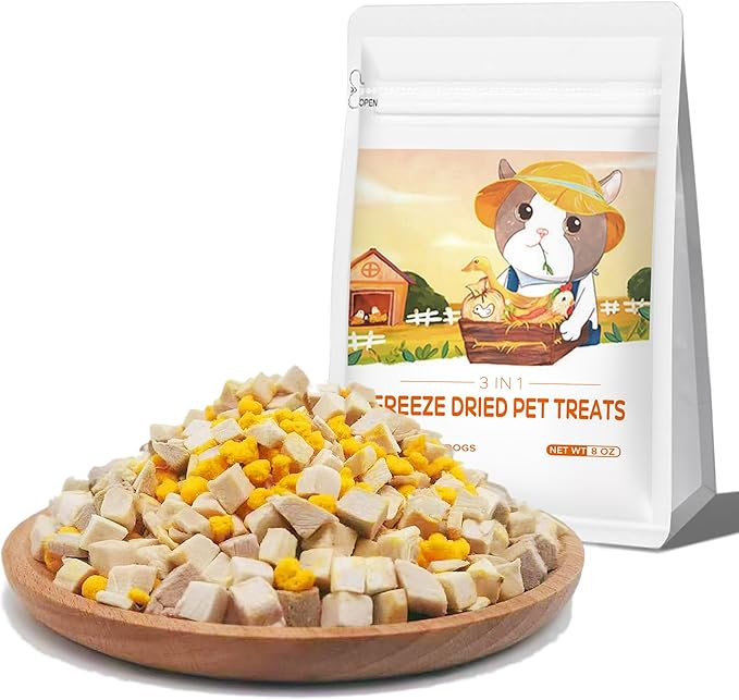 Freeze Dried Cat &amp; Dog Treats – 8OZ Freeze Dried Chicken+Duck+Egg Yolk 3 in 1 Meat Snacks - High Protein, Bite-Sized, Training Treats Snacks (8 OZ)