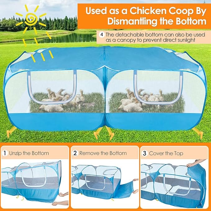 Lukovee Small Animals Playpen, Chicken Pen with Escape-Proof Detachable Bottom &amp; 4 Zipper Doors, Breathable Foldable Portable Large Chicken Run Coop for Puppy Duck Kitten Rabbits Outdoor Yard (Blue)