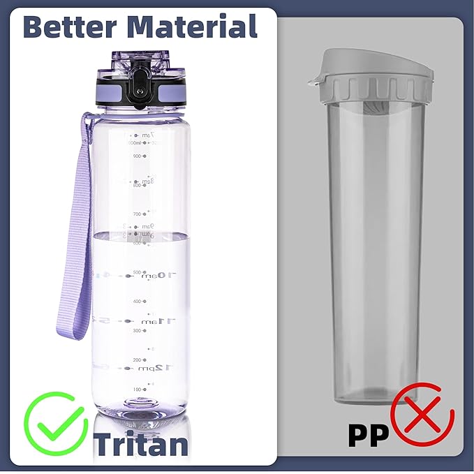 OLDLEY 32 oz Water Bottle, Motivational Water Bottle with Time Marker, Sports Water Bottle With Strap, Leakproof &amp; BPA Free Large Water Bottles for School,Gym,Outdoor, Tritan, Transparent-Purple