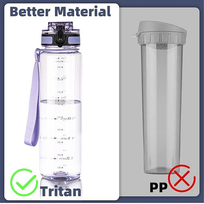OLDLEY 32 oz Water Bottle, Motivational Water Bottle with Time Marker, Sports Water Bottle With Strap, Leakproof &amp; BPA Free Large Water Bottles for School,Gym,Outdoor, Tritan, Transparent-Purple