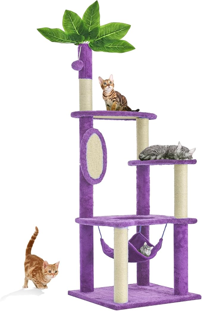 55 Inch Large Cat Tree Tower for Indoor Cats with Hammock Green Leaves Sisal Scratching Post, Plush Hang Ball Play Furniture for Kittens &amp; Adult Cats, New Purple