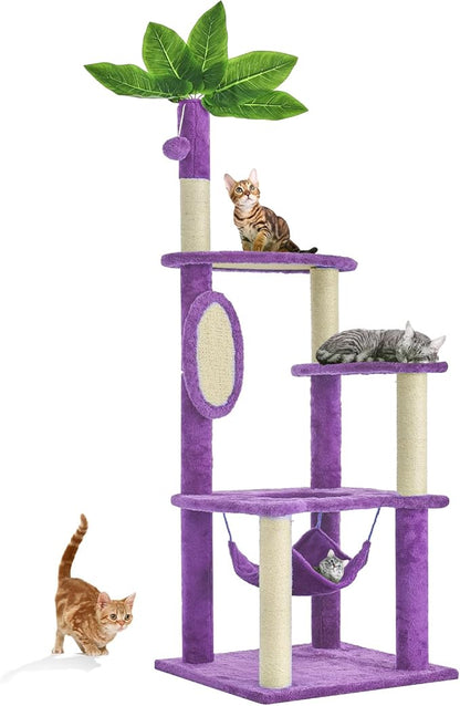 55 Inch Large Cat Tree Tower for Indoor Cats with Hammock Green Leaves Sisal Scratching Post, Plush Hang Ball Play Furniture for Kittens &amp; Adult Cats, New Purple