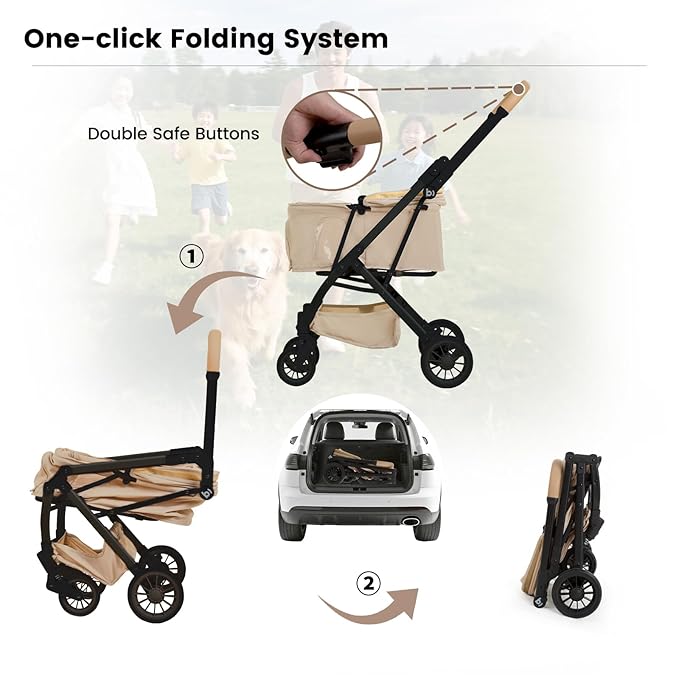 Lightweight Dog Stroller Portable Compact Folded Pet Stroller for Small/Medium Dogs &amp; Cats Up to 35lbs One Click Folding Large Cat Carriage with Adjustable Canopy Storage Basket- Khaki