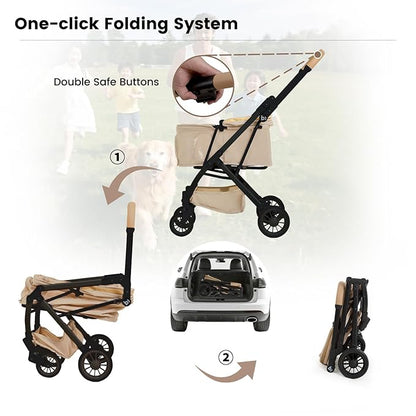 Lightweight Dog Stroller Portable Compact Folded Pet Stroller for Small/Medium Dogs &amp; Cats Up to 35lbs One Click Folding Large Cat Carriage with Adjustable Canopy Storage Basket- Khaki