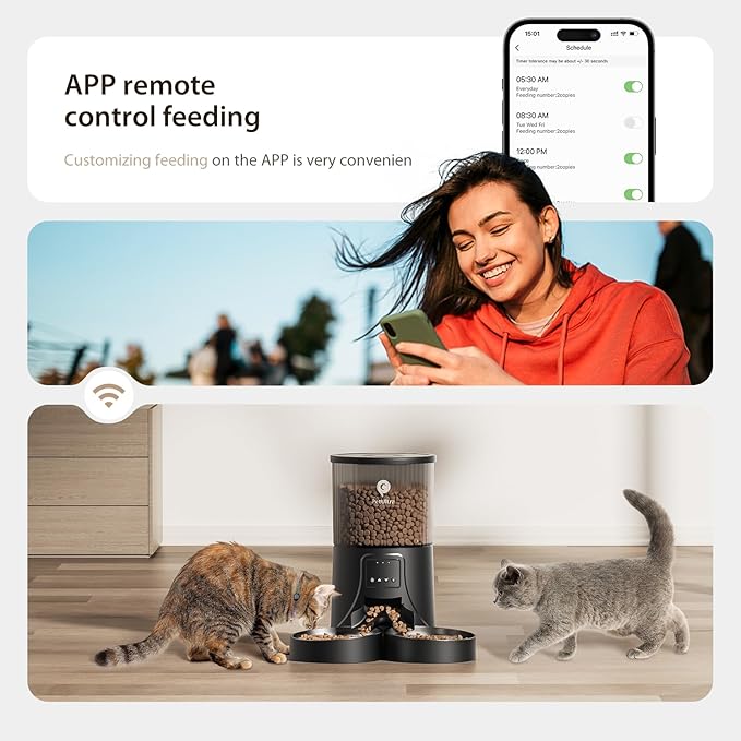 Automatic Cat Feeder for 2 Cats: Cat auto 2.4G WiFi - Timed Smart App Control 1-10 Meals| Automatic Pet Feeder for Cats and Small Dog Indoor- Dual Power&amp; Detachable Clean
