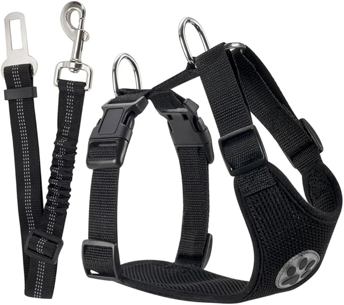 SlowTon Dog Seat Belt Harness for Car, Dog Car Harness Adjustable Mesh Breathable &amp; Dog Seatbelt Safety Tether with Elastic Bungee for Small Medium Large Pets(Black, Single Clip, XS)