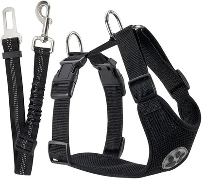 SlowTon Dog Seat Belt Harness for Car, Dog Car Harness Adjustable Mesh Breathable &amp; Dog Seatbelt Safety Tether with Elastic Bungee for Small Medium Large Pets(Black, Single Clip, XS)