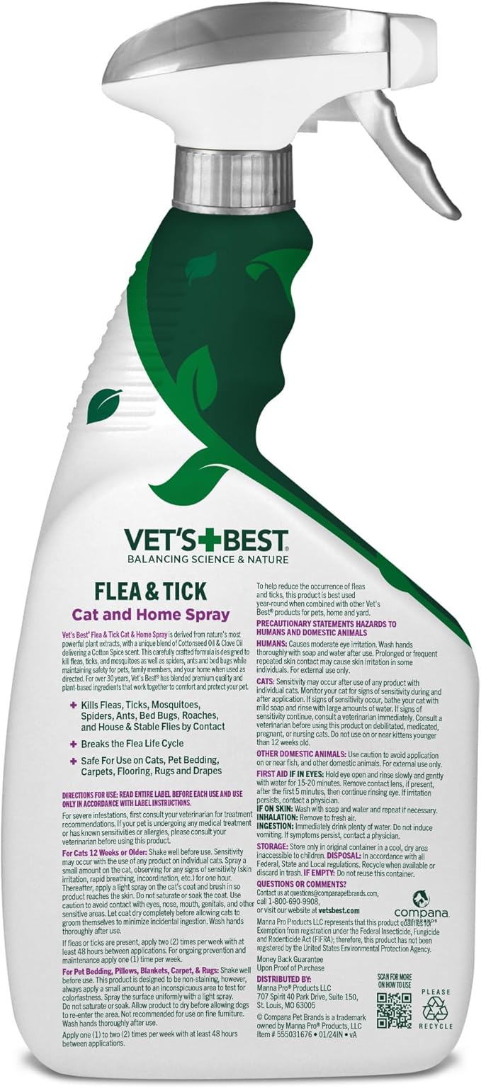 Vet’s Best Flea &amp; Tick Home Spray for Cats – Plant-Based Flea and Tick Treatment with Cotton Spice Scent – Gentle Flea Mist for Indoor Use – Made in USA Natural Cat Flea Control – 32 oz