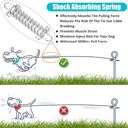 Jenico Dog Tie Out Cable - 10/15/20/30/40/50/70/100/150FT Runner Cable with Swivel Hook and Shock Spring, Outdoor and Camping Dog Leash Run Tether for Small to Medium Pets Up to 500 LBS