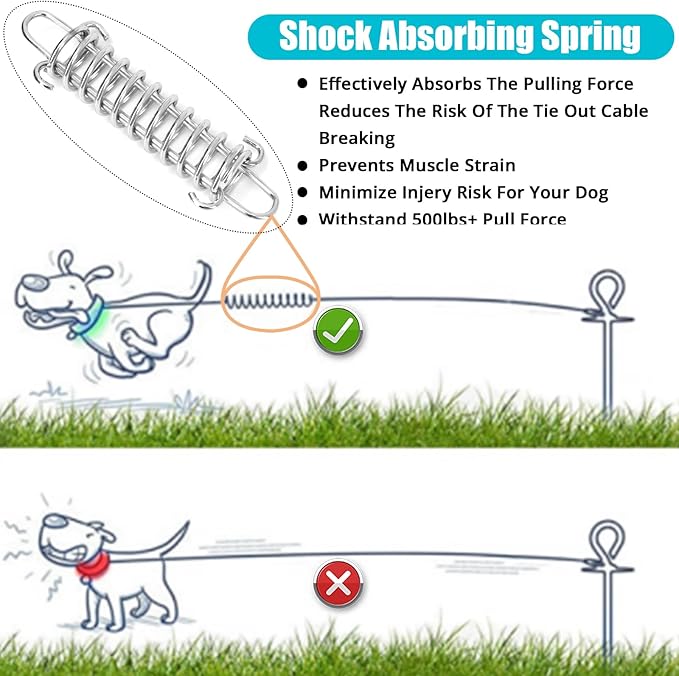 Jenico Dog Tie Out Cable, 10-150FT Runner Cable with Swivel Hook and Shock Spring, Yard &amp; Camping Dog Leash Tether for Small to Medium Pets Up to 500 LBS