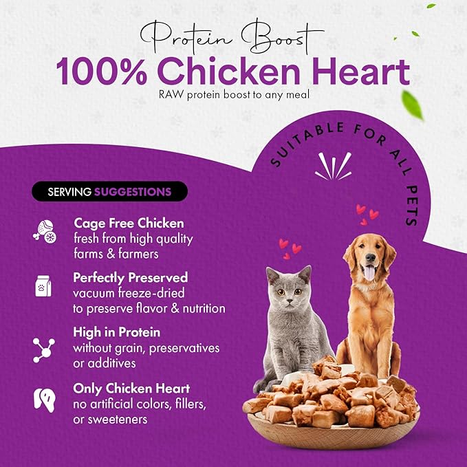 Freeze-Dried Chicken Heart Treats for Cats &amp; Dogs – 100% Human Grade, Single Ingredient, High-Protein, Healthy Snack – No Additives or Preservatives – 1.4oz - Inspected &amp; Tested in USA