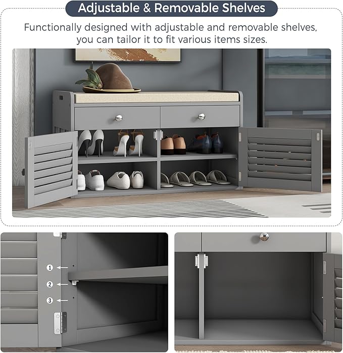 Shoe Storage Bench with 2 Drawers &amp; 2 Doors, Entryway Bench with Cushion, 2 Adjustable Shelves, Shoe Cabinet for Entryway, Living Room, Hallway, Mudroom, Bedroom, Grey