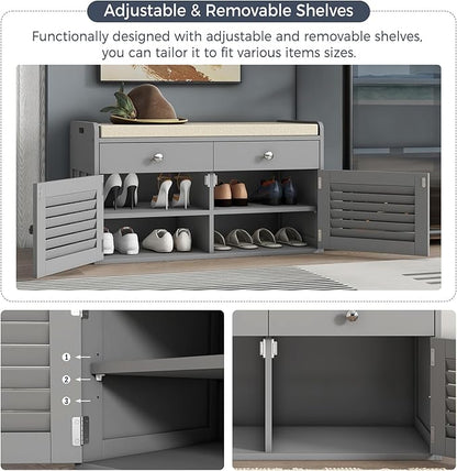 Shoe Storage Bench with 2 Drawers &amp; 2 Doors, Entryway Bench with Cushion, 2 Adjustable Shelves, Shoe Cabinet for Entryway, Living Room, Hallway, Mudroom, Bedroom, Grey