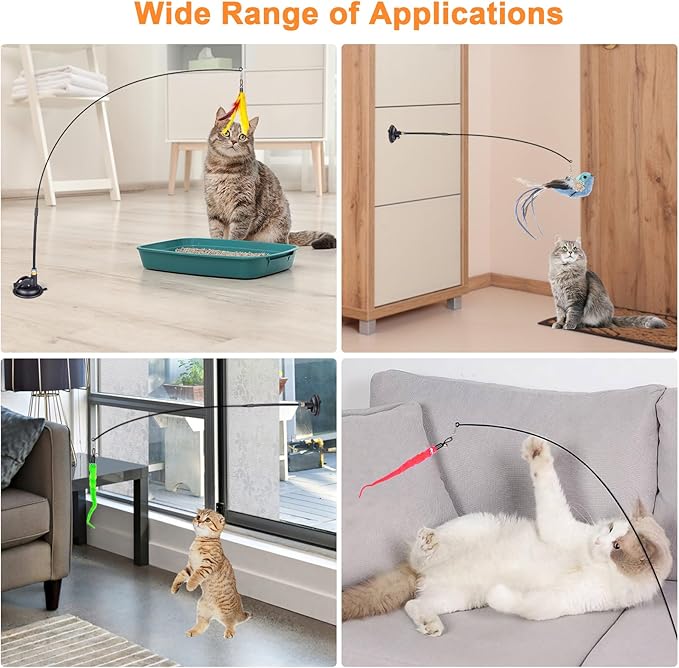 Cat Feather Toys, 10PCS Toys with Super Suction Cup, 2PCS Detachable Wand &amp; 6PCS Replacement Teaser Refills, Interactive Indoor Cat Play
