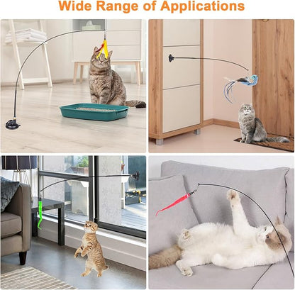 Cat Feather Toys, 10PCS Toys with Super Suction Cup, 2PCS Detachable Wand &amp; 6PCS Replacement Teaser Refills, Interactive Indoor Cat Play