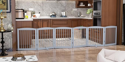 Freestanding Pet Gate for Dogs, Foldable Wooden Dog Gate for House, Extra Wide Indoor Pet Barrier for Stair, Doorway, Hall, Support Feet Included, 120 Inch Wide, 6 Panels 24", Grey