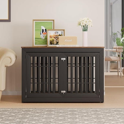 48" Heavy Duty Dog Crate Furniture for Small,Medium and Large Dogs,Rustic Wooden Dog Cage Kennel Indoor Furniture with Waterproof Top,Decorative Pet House Side End Table (Black &amp; Wood)