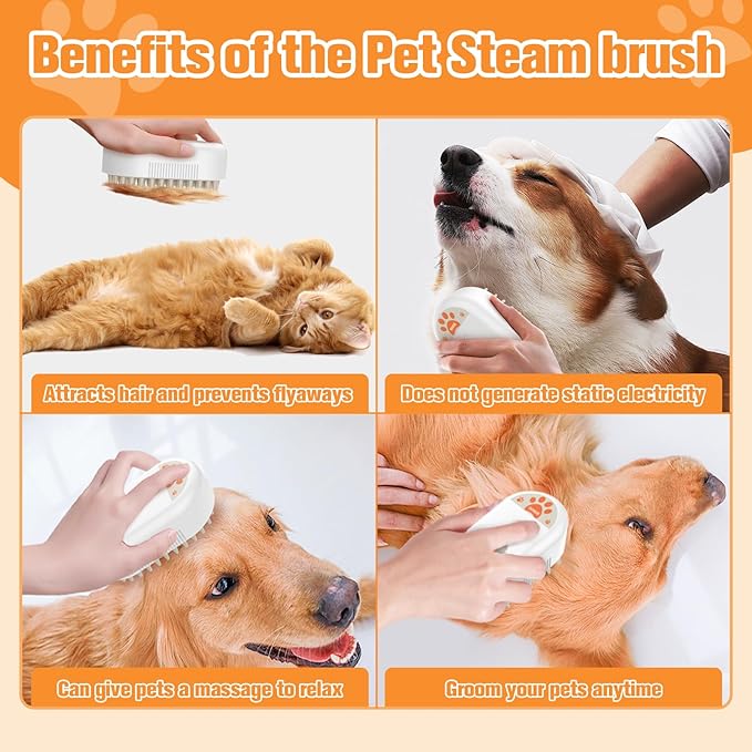 Cat Steam Brush,Rechargeable Pet Steam Brush for Cats Dogs,Silicone Dog Brushes for Short&amp;Long Haired Dogs,3 In 1 Pet Hair Remover Tool for Massage Grooming,Cleaning,Shedding White