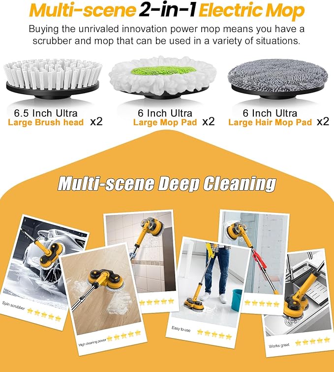 qimedo 6000mAh Battery Electric Mop M1, 800RPM Cordless Electric Power Scrubber &amp; Mops for Floor Cleaning, Best Automatic Spin Mops with Smart Display,Rotating Mop with LED Light &amp; Water Spray
