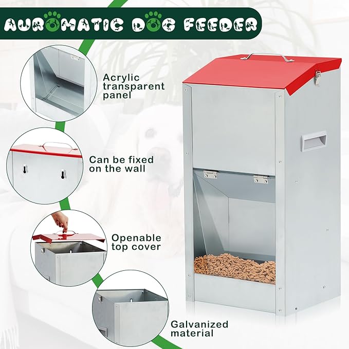 No Installation Large Galvanized Automatic Dog Feeder with Handle 25 Lbs Large Breed Dog Food Dispenser 11.5&