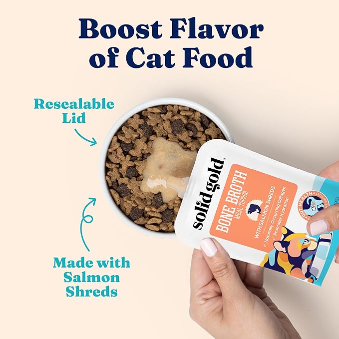 Solid Gold Bone Broth Cat Food Topper - Limited Ingredient Lickable Cat Broth Pouches w/Salmon Protein Shreds &amp; Collagen for Hydration &amp; Gut Support - Easy to Serve Gravy for Cats Meal Topper - 12ct