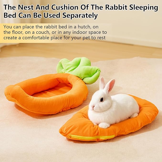 Bunny Bed,Thick&amp;Soft Rabbit Bed with Removable Cushion,Machine Washable with Rattan Mat &amp; Heart Decor,Cozy Warm Small Animal Sleeping Beds (Carrot Shape-M)
