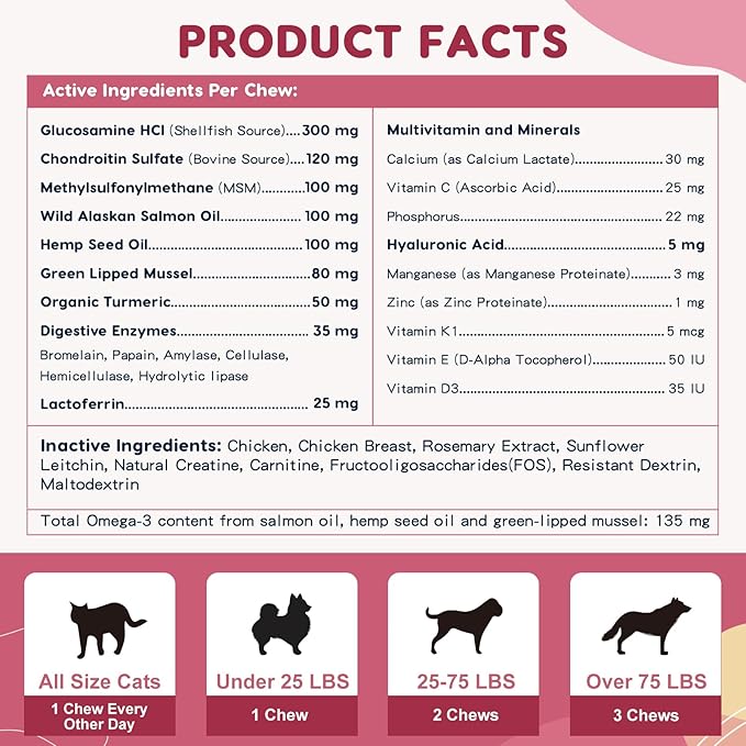 Glucosamine for Dogs - Joint Supplement for Dogs with Chondroitin, MSM, Omega 3, Hemp, Turmeric for Dog Joint Pain Relief, Dog Joint Supplement with Calcium Support Cartilage &amp; Bone Health, 180 Chews