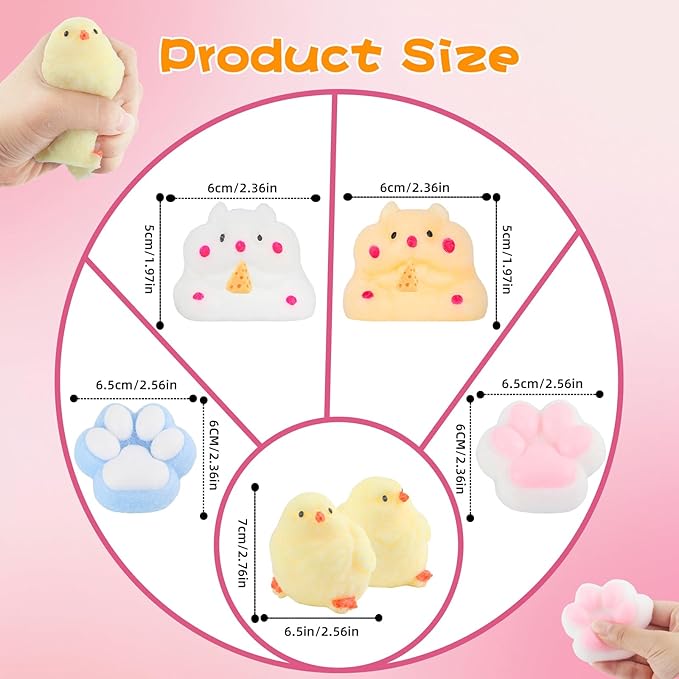 6 Pcs Taba Squishy , Kit Squeeze Toy ,Include Squishies( 2 Cat Paws &amp; 2 Chick,2 Hamster), Soft Stress Relief Squeeze Toy,tress Relief Sensory Toy