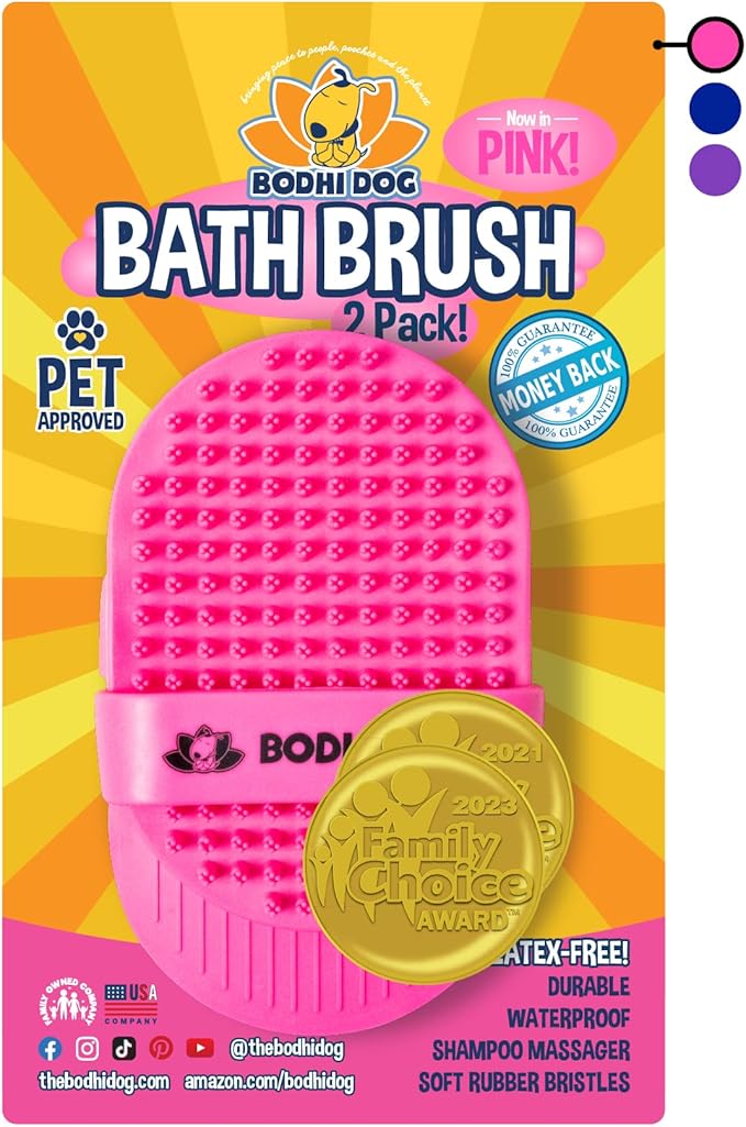 Bodhi Dog Shampoo Brush - Pet Grooming &amp; Bath Supplies for Dogs and Cats - Bath Brush for Long &amp; Short Hair - Premium Scrubber for Shower, Bathing &amp; Massage (Two Pack, Pink)
