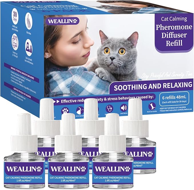 6 Pack Cat Calming Diffuser Refills - Cat Pheromones Calming Diffuser Refill Relieve Anxiety &amp; Stress 6 Month Supply, Cat Pheromone Diffuser Refills (Fits All Common Diffuser Heads)
