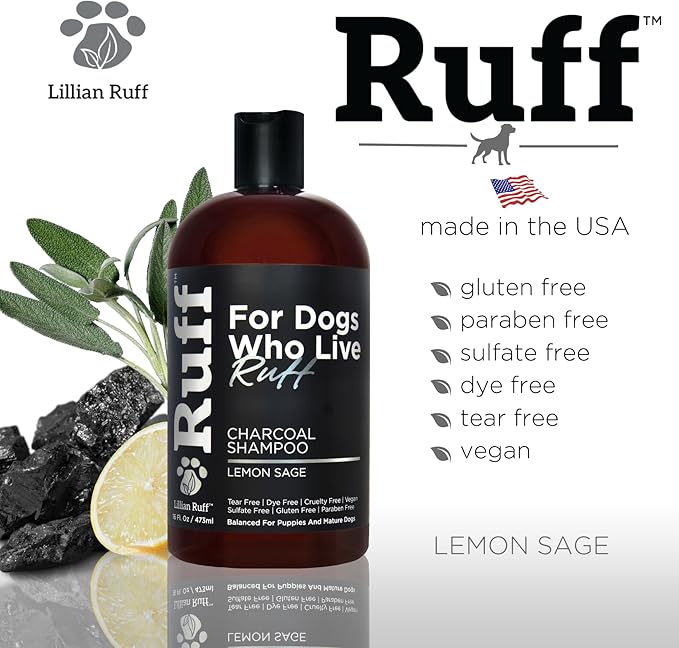 Ruff by Lillian Ruff Activated Charcoal Pet Shampoo – Deep Cleanser, Deodorizer, Stain Remover – Lemon Sage Scent, pH Balanced, Hydrate Dry Itchy Skin – Safe for Puppies &amp; Mature Dogs