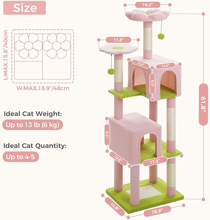 Flower Cat Tree, 62-Inch Large Cat Tower for Multi-Cat Households w/Scratching Posts, Multi-Level Cat Condo w/Cozy Top Perch &amp; Scratching Pad, Padded Platform, 2 Pompoms, Pink