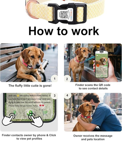 Dog Collar with Waterproof AirTag Holder &amp; Anti-Lost QR Code, Cute Bling Warpping Adjustable Width for Small Medium Large Pet (Yellow, S)