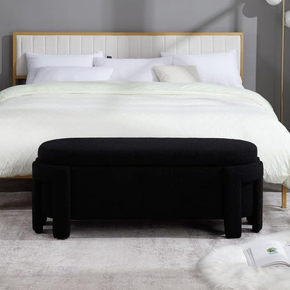 Modern Upholstered Storage Bench, Sherpa Fabric 50" Long Entryway Bench with Storage and Seating, Comfy Cute Ottoman Bench for Living Room/End of Bed/Hallway, Black