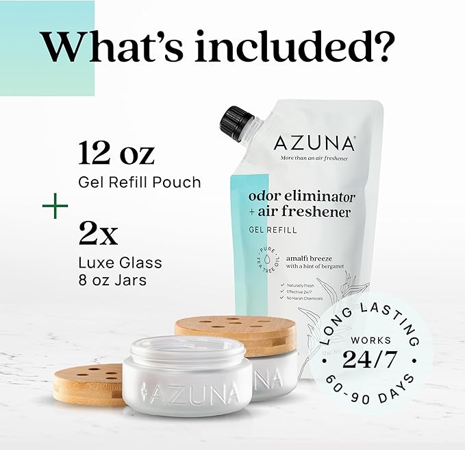Azuna Air Freshener &amp; Odor Eliminator for Strong Odor | 2 Room Kit Includes (2) 8 oz. Empty Luxe Glass Jars &amp; 12 oz | Refill with Tea Tree Essential Oil Gel | Amalfi Breeze | Last 60-90 Days
