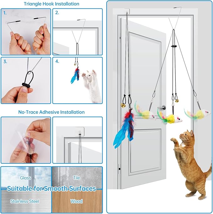 ZooZoo 14PCS Interactive Cat Feather Toy Set for Indoor Cats, Active Play Kit with Door Hanging Toy, Double-Sided Suction Cat Wand with Feathers, Mice &amp; Fur Balls, Encourages Hunting, Jumping, Chasing