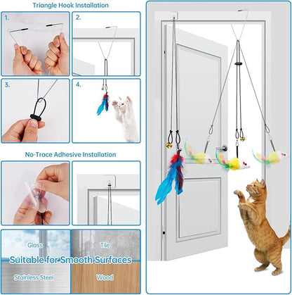 ZooZoo 14PCS Interactive Cat Feather Toy Set for Indoor Cats, Active Play Kit with Door Hanging Toy, Double-Sided Suction Cat Wand with Feathers, Mice &amp; Fur Balls, Encourages Hunting, Jumping, Chasing